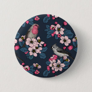 Badge Rond 5 Cm Oiseaux et fleurs