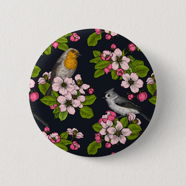 Badge Rond 5 Cm Oiseaux et fleurs en noir (Devant)