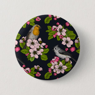 Badge Rond 5 Cm Oiseaux et fleurs en noir