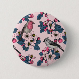 Badge Rond 5 Cm Oiseaux et fleurs roses