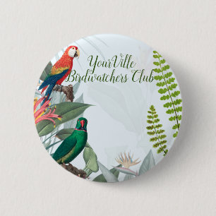 Badge Rond 5 Cm Oiseaux tropicaux Perroquets et feuillage
