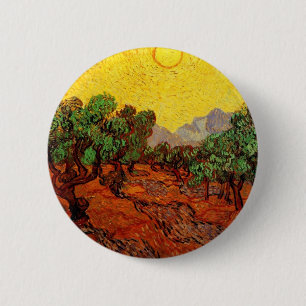 Badge Rond 5 Cm Oliviers avec ciel jaune et soleil