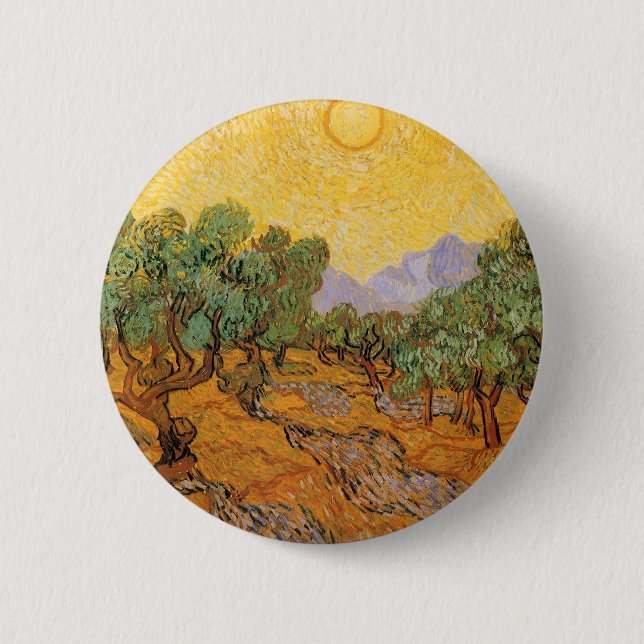 Badge Rond 5 Cm Oliviers, Ciel Jaune et Soleil, Vincent van Gogh (Devant)