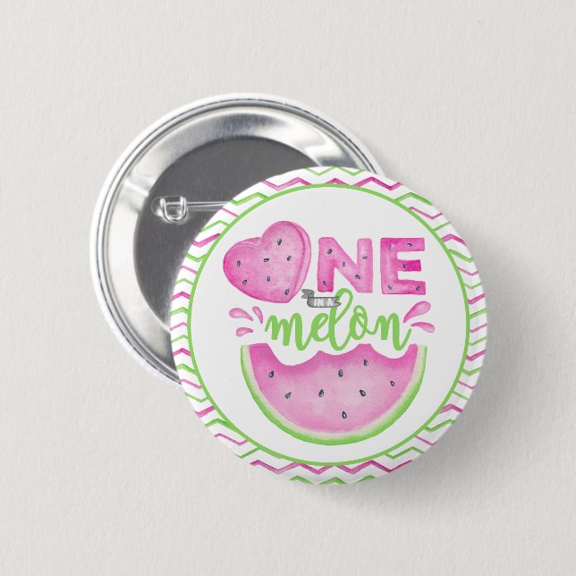 Badge Rond 5 Cm One in a Melon Birthday Button - Pink Watermelon (Devant & derrière)