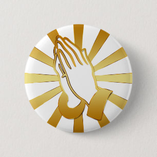 BADGE ROND 5 CM OR ET MAINS DE PRIÈRE BLANCHES