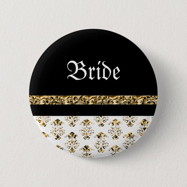 Badge Rond 5 Cm Or noir blanc mariage damassé (Devant)