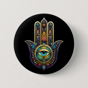 Badge Rond 5 Cm Or noir coloré Hamsa avec troisième œil turquoise