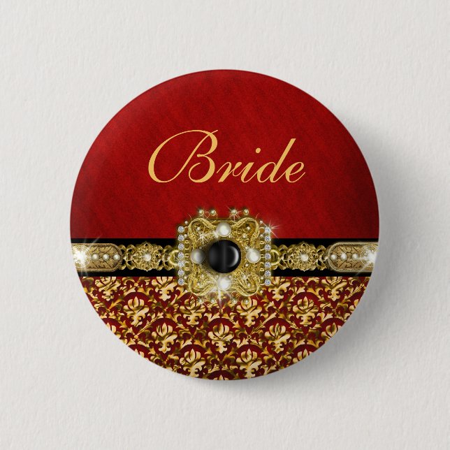 Badge Rond 5 Cm Or rouge noir élégant "mariage damassé " (Devant)