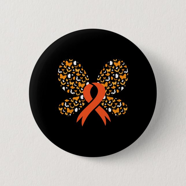 Badge Rond 5 Cm Orange Ruban Papillon Leucémie Sensibilisation Sur (Devant)
