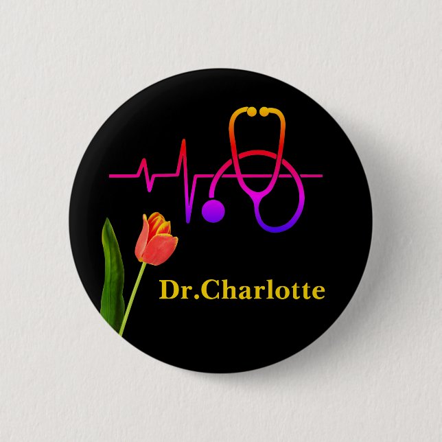 Badge Rond 5 Cm Orange Tulip Heartbeat Stethoscope Médicale (Devant)