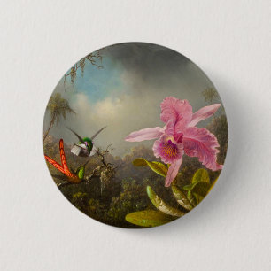Badge Rond 5 Cm Orchidée avec deux colibris Heade