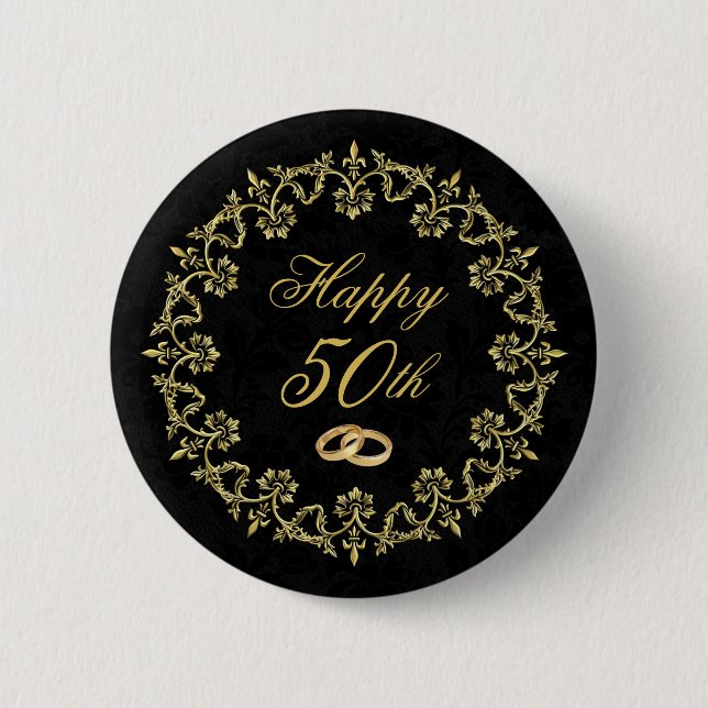 Badge Rond 5 Cm Ornate Gold sur Black 50e anniversaire Mariage (Devant)