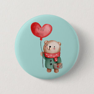 Badge Rond 5 Cm Ours en peluche de la Saint Valentin tenant un bal