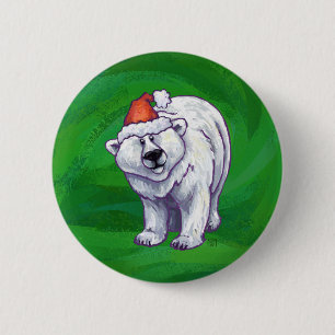 Badge Rond 5 Cm Ours polaire Noël sur vert