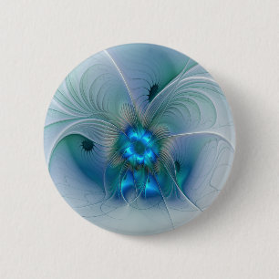 Badge Rond 5 Cm Ovation debout, fractale bleue turquoise abstraite