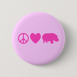 Badge Rond 5 Cm Paix Rose Amour et Hippopotames
