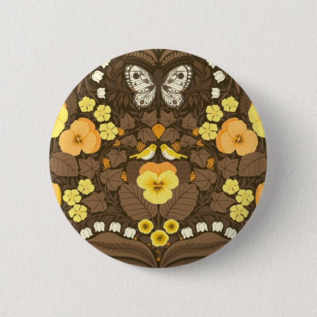 Badge Rond 5 Cm Pansies jaunes, oiseaux et papillons (Devant)
