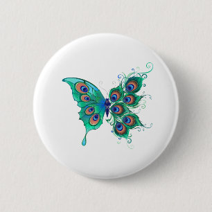 Badge Rond 5 Cm Papillon aux plumes de paon vert