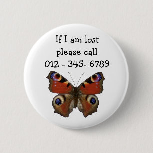 Badge Rond 5 Cm Papillon, contact d'urgence pour enfant