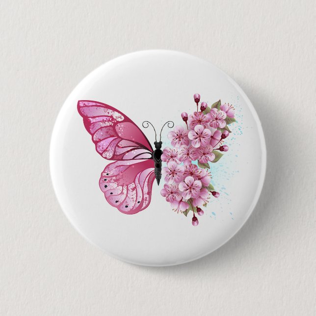 Badge Rond 5 Cm Papillon de fleurs avec Sakura rose (Devant)