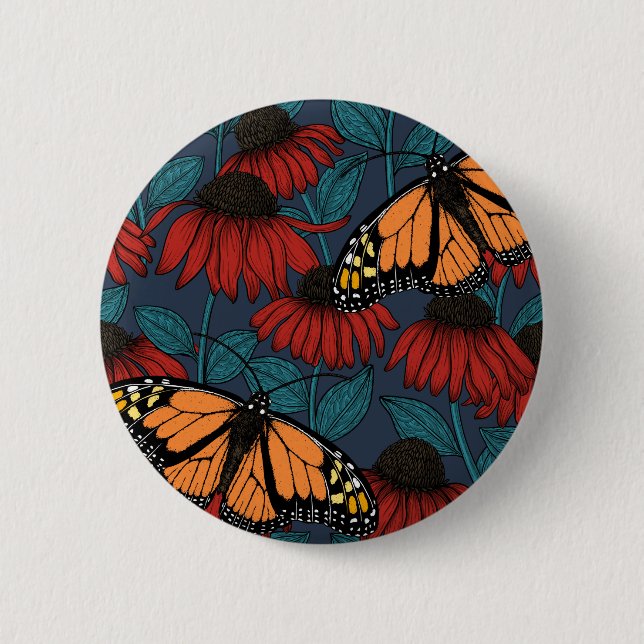 Badge Rond 5 Cm Papillon monarque sur des fleurs rouges (Devant)