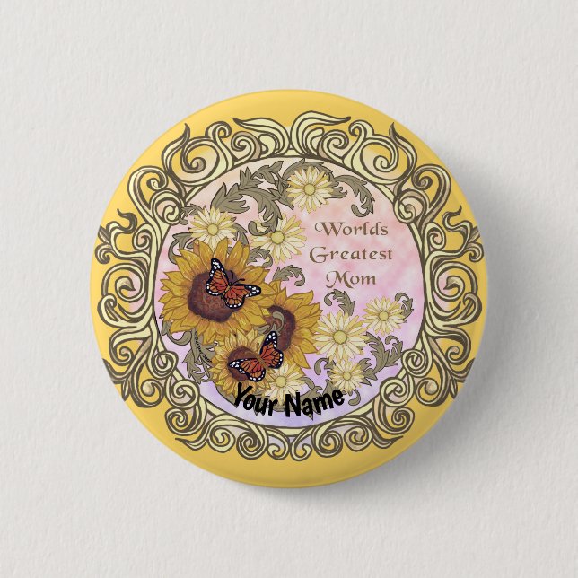 Badge Rond 5 Cm Papillon Tournesol personnalisé maman (Devant)