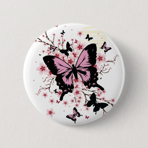 Badge Rond 5 Cm Papillons aux fleurs de cerisier