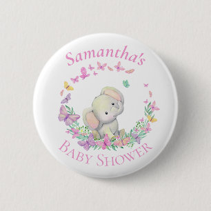 Badge Rond 5 Cm Papillons éléphants Baby shower rose