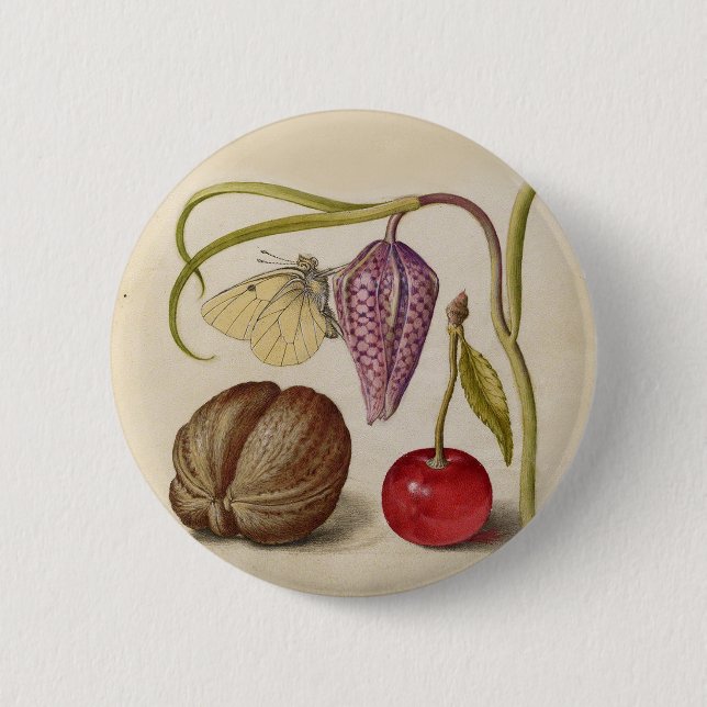 Badge Rond 5 Cm Papillons noix Fleur Cerisier Aquarelle Art (Devant)