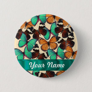 Badge Rond 5 Cm Papillons verts et oranges