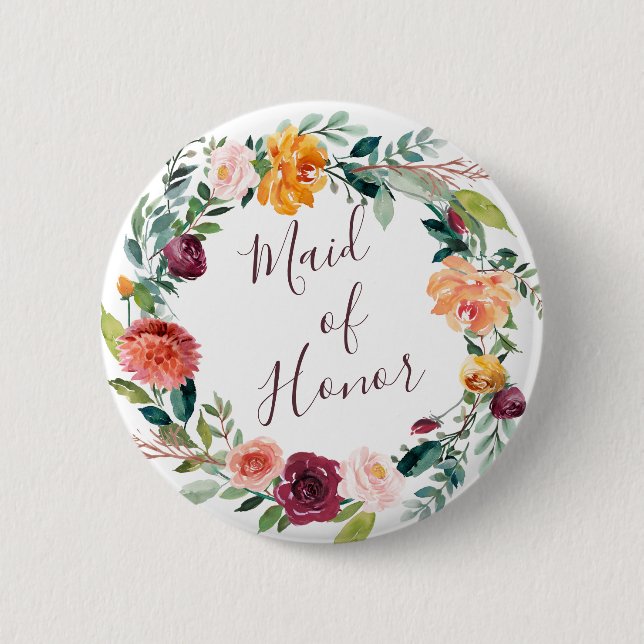 Badge Rond 5 Cm Paprika Bourgogne Fleurie Demoiselle d'Honneur Bou (Devant)