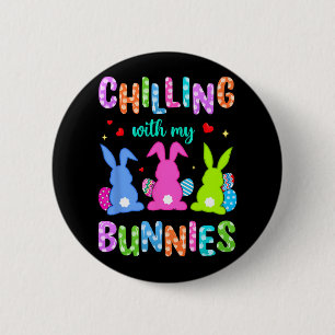 Badge Rond 5 Cm Pâques Jour Chilling Avec Mes lapins Chasse Aux Oe