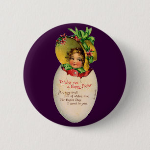 Badge Rond 5 Cm Pâques victoriennes, Vintage fille avec Bonnet dan