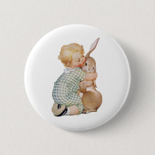 Badge Rond 5 Cm Pâques vintage, enfant mignon avec un lapin