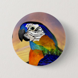 BADGE ROND 5 CM PARROS HYPER /ARA ROUGE ET BLEU