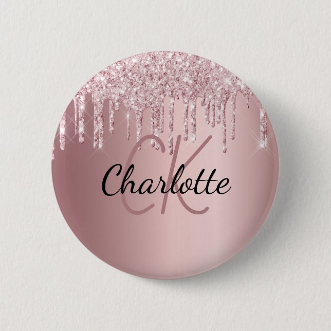 Badge Rond 5 Cm Parties scintillant rose goutte nom monogramme per (Devant)