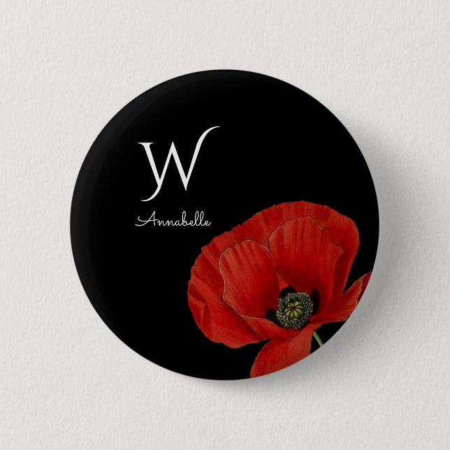 Badge Rond 5 Cm Pavot rouge monogramme sur noir simple (Devant)