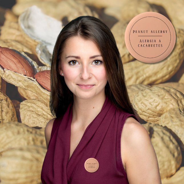 Badge Rond 5 Cm Peach Bilinguical Peanut Allergy Alert Espagnol (Bilingual Peanut allergy warning button, Spanish text, editable. multilingual project)