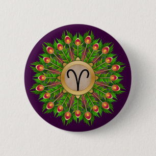 Badge Rond 5 Cm Peacock Feather Wreath Zodiac Sign Aries
