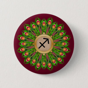 Badge Rond 5 Cm Peacock Feather Wreath Zodiac Sign Sagittarius