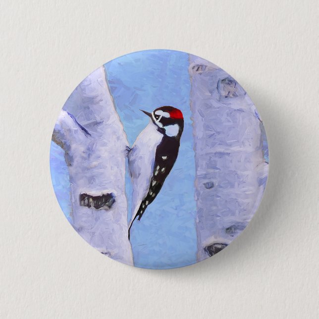 Badge Rond 5 Cm Peinture Downy Woodpecker - Art original pour oise (Devant)