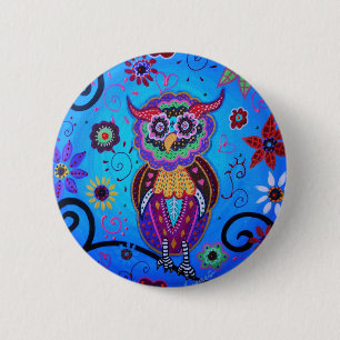 Badge Rond 5 Cm Peinture mexicaine de hibou de Talavera