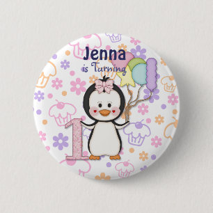 Badge Rond 5 Cm Penguin Cutie - Première Fille Anniversaire