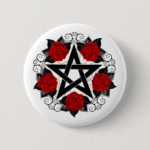 Badge Rond 5 Cm Pentagramme aux roses rouges