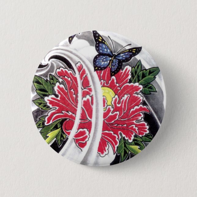 Badge Rond 5 Cm Peony Flower et Papillon Tattoo Design (Devant)