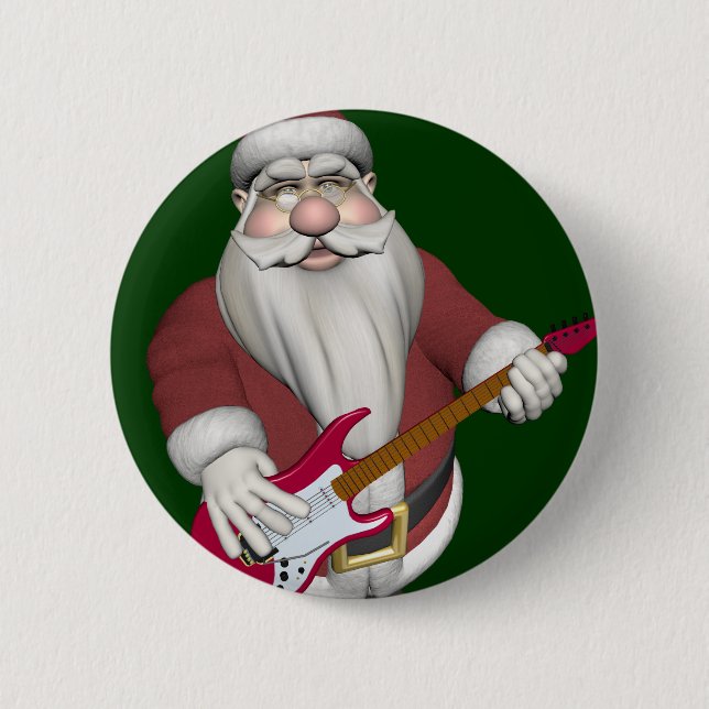 Badge Rond 5 Cm Père Noël Avec Guitare Électrique Rouge (Devant)