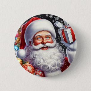 Badge Rond 5 Cm Père Noël classique avec présent & ornements