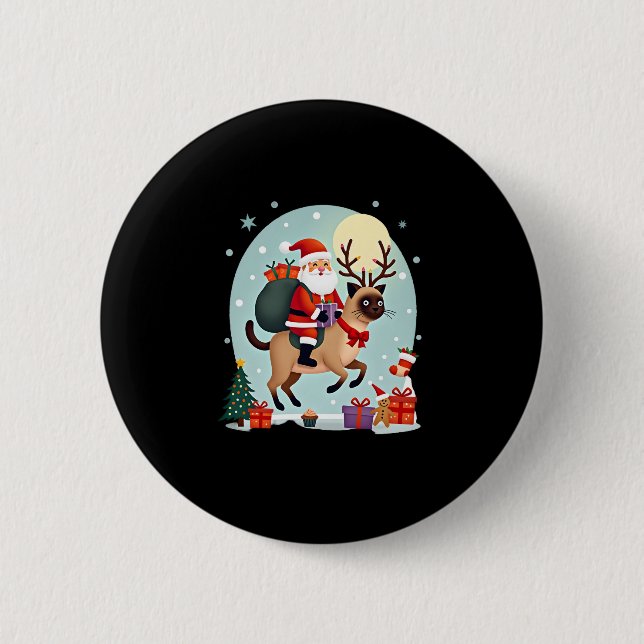 Badge Rond 5 Cm Père Noël équitation renne Siamese Chat Noël Arbre (Devant)