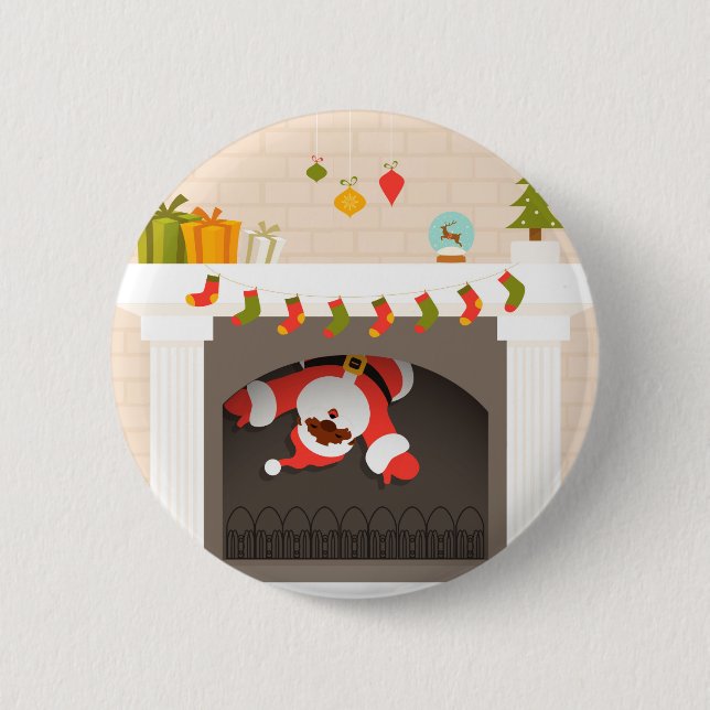 Badge Rond 5 Cm père Noël noire coincée dans une cheminée (Devant)