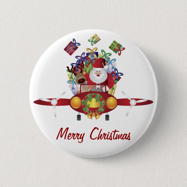Badge Rond 5 Cm Père Noël pilotant le bouton d'avion (Devant)